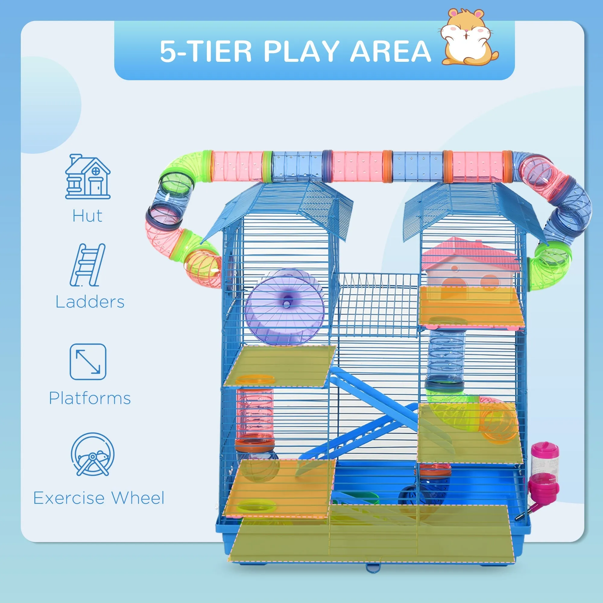 5 Tier Hamster Cage Carrier Habitat with Exercise Wheels Tunnel Tube Water Bottle Dishes House Ladder for Dwarf Mice, Blue