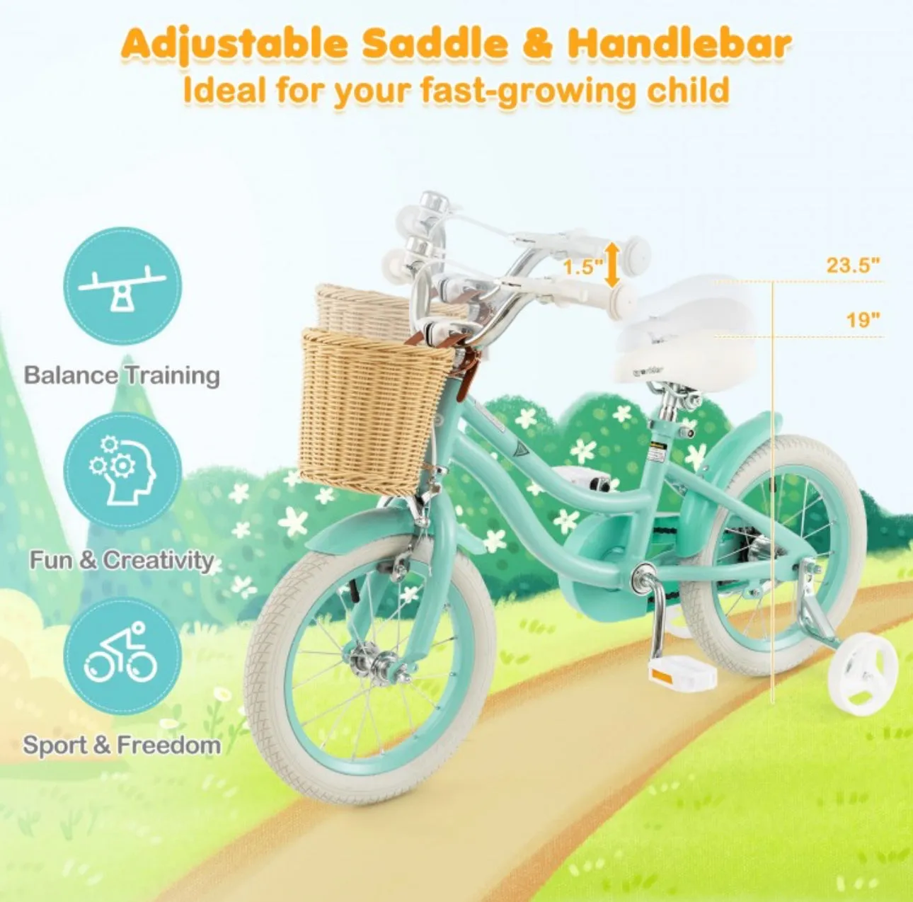 Adorable & Cute 14” Children’s Adjustable Bicycle Pedal Bike | Removable Training Wheels | Ages 3-5 | Bell | Basket | Adjustable Seat, Handlebar | Brakes | Easy Assembly