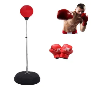 Adult Base Version Height Adjustable Vertical PU Leather Vent Ball Boxing Speed Ball Family Fitness Equipment with Gloves(Red)