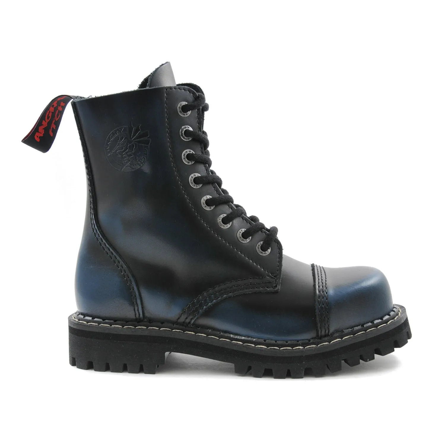 Angry Itch 8 Eyelet Boots with Steel Toe Cap Blue Rub Off Leather