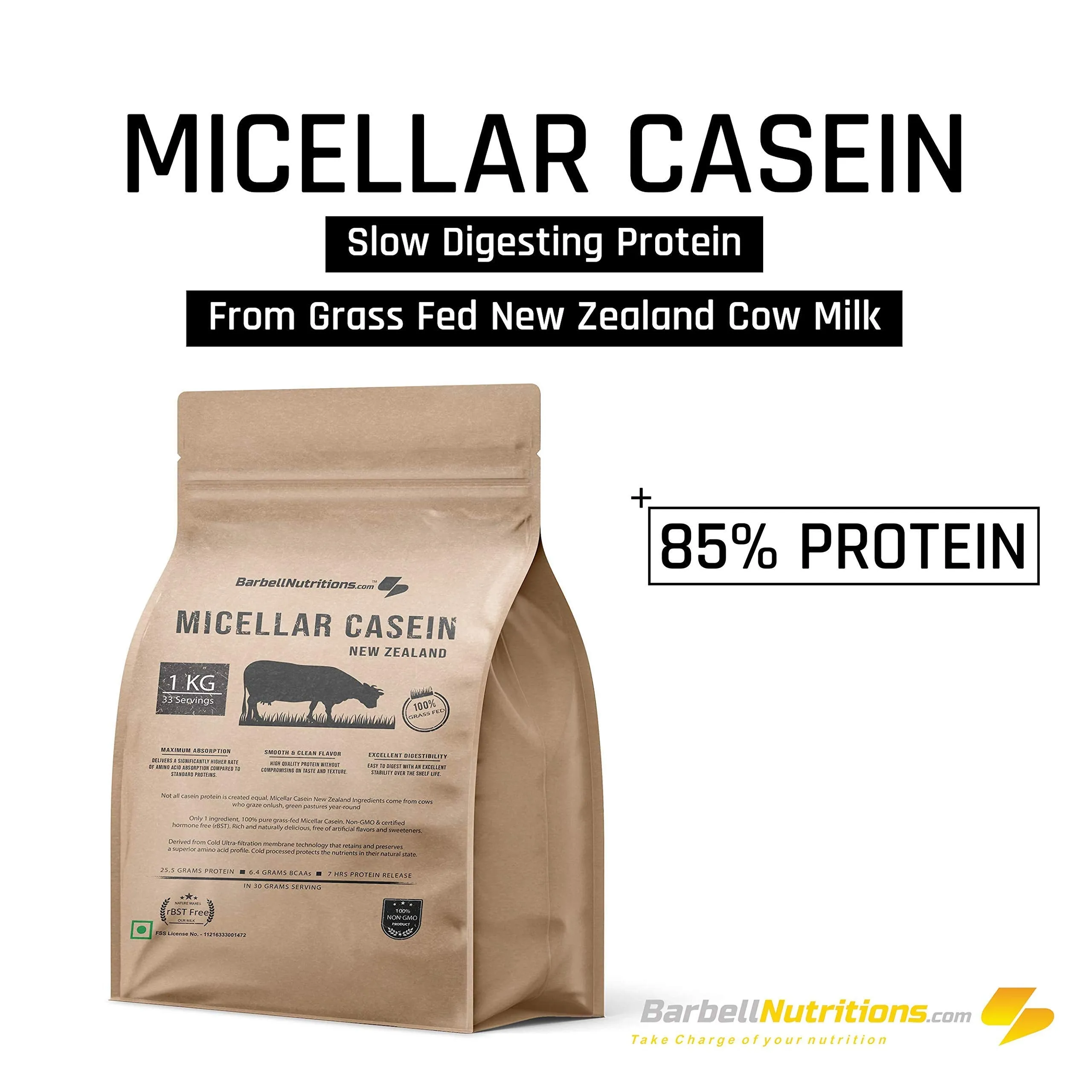 Barbell Nutrition's Micellar Casein - Grass Fed - New Zealand - 1 Kg