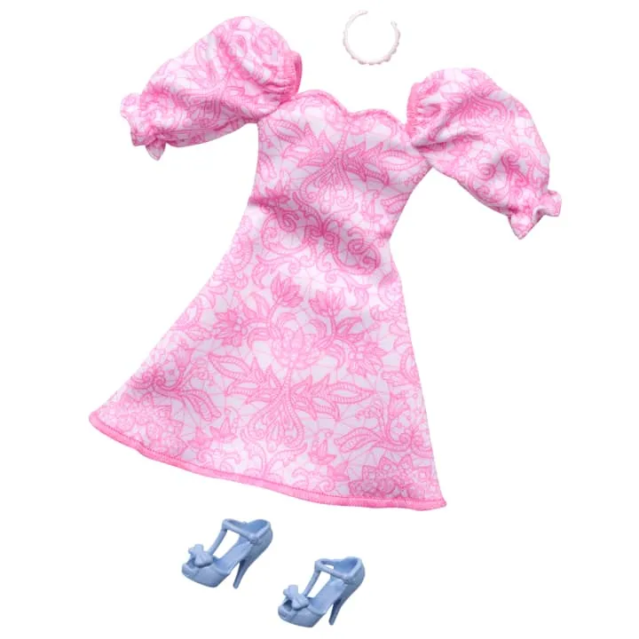 Barbie Doll Clothing, Fashion Pack With Pink Puff Sleeve Dress & Accessories