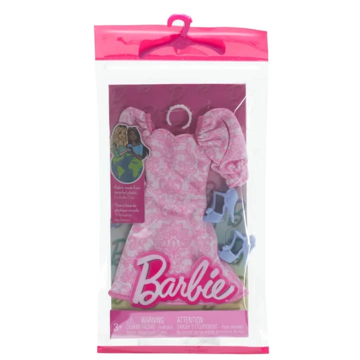 Barbie Doll Clothing, Fashion Pack With Pink Puff Sleeve Dress & Accessories