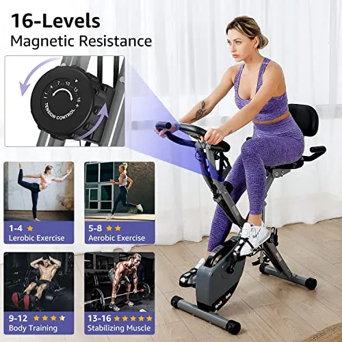 Barwing 16-8-2-3 Stationary Spin Exercise Bike for Home | 4 IN 1 Foldable Indoor Workout Cycling Bike for Seniors| 300 LB Capacity | More Magnetic Resistance Seat Backrest Adjustments | Value Gift for Seniors