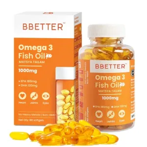 BBETTER Omega 3 Fish Oil Capsules For Heart, Joints & Brain Health, Fish Oil Omega 3 capsule 1000mg for Women & Men 180 mg EPA 120 mg DHA -60 Softgels