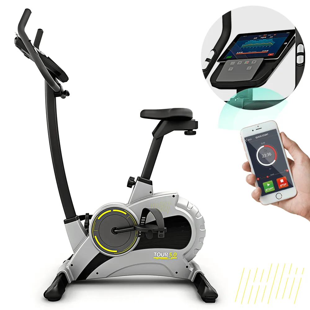 Bluefin Fitness TOUR 5.0 Exercise Bike | Home Gym Equipment | Exercise Machine | Magnetic Resistance | LCD Digital Fitness Console | Bluetooth | Smartphone App | Black & Grey Silver