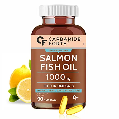 Carbamide Forte Salmon Fish Oil Omega 3 Capsules 1000 mg | 90 Softgel Capsules | EPA 180 mg & DHA 120 mg | Supports Heart, Joints, Bones & Skin