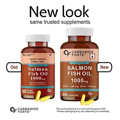 Carbamide Forte Salmon Fish Oil Omega 3 Capsules 1000 mg | 90 Softgel Capsules | EPA 180 mg & DHA 120 mg | Supports Heart, Joints, Bones & Skin