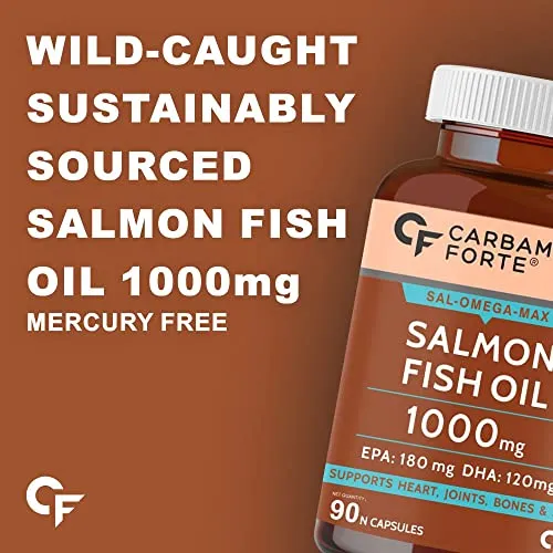 Carbamide Forte Salmon Fish Oil Omega 3 Capsules 1000 mg | 90 Softgel Capsules | EPA 180 mg & DHA 120 mg | Supports Heart, Joints, Bones & Skin