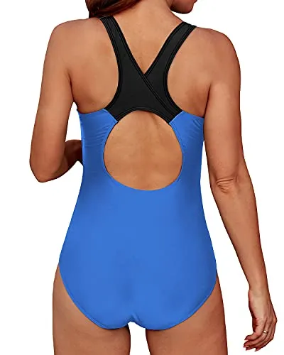 Colorblock Crisscross Racerback One Piece Swimsuit-Light Blue