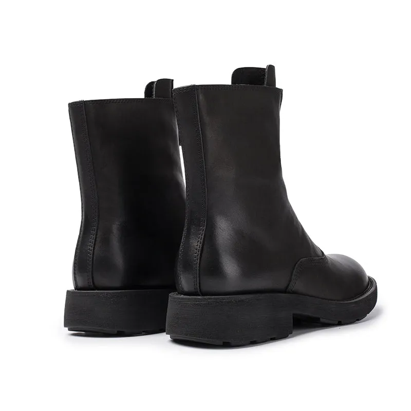 Cowhide Chelsea Boots Handmade Front Zip Short Boots Black