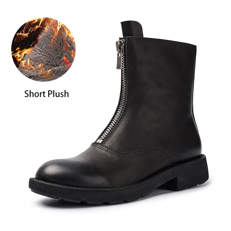 Cowhide Chelsea Boots Handmade Front Zip Short Boots Black