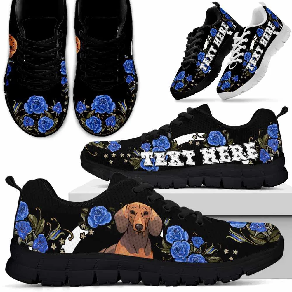 Custom Name Dachshund Sneaker, Dachshund Dog Lovers Sneakers Gym Rose Blue Flower Running Shoes, Best Running Shoes