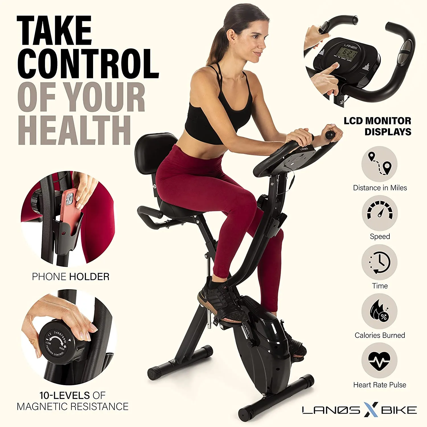 Folding Exercise Bike with 10 Levels Black