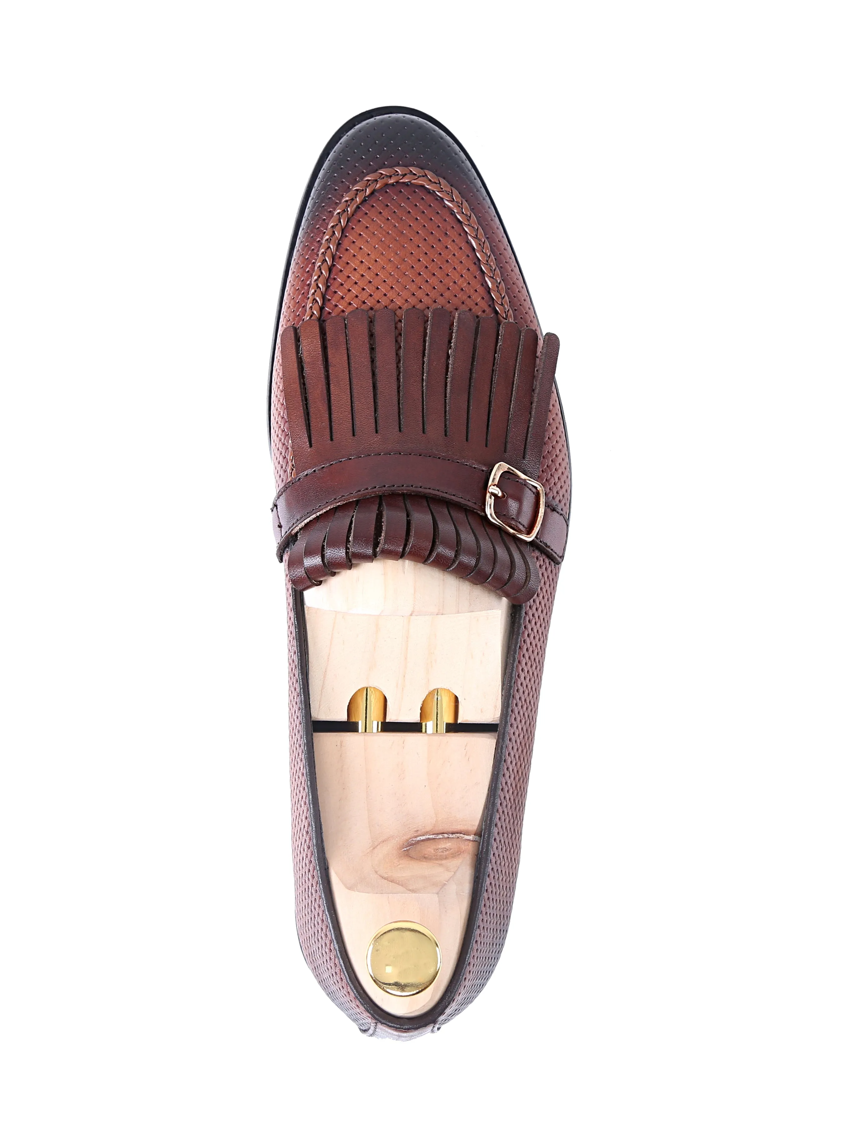 Fringe Kiltie Loafer - Cognac Tan Woven Leather with Side Buckle (Hand Painted Patina)