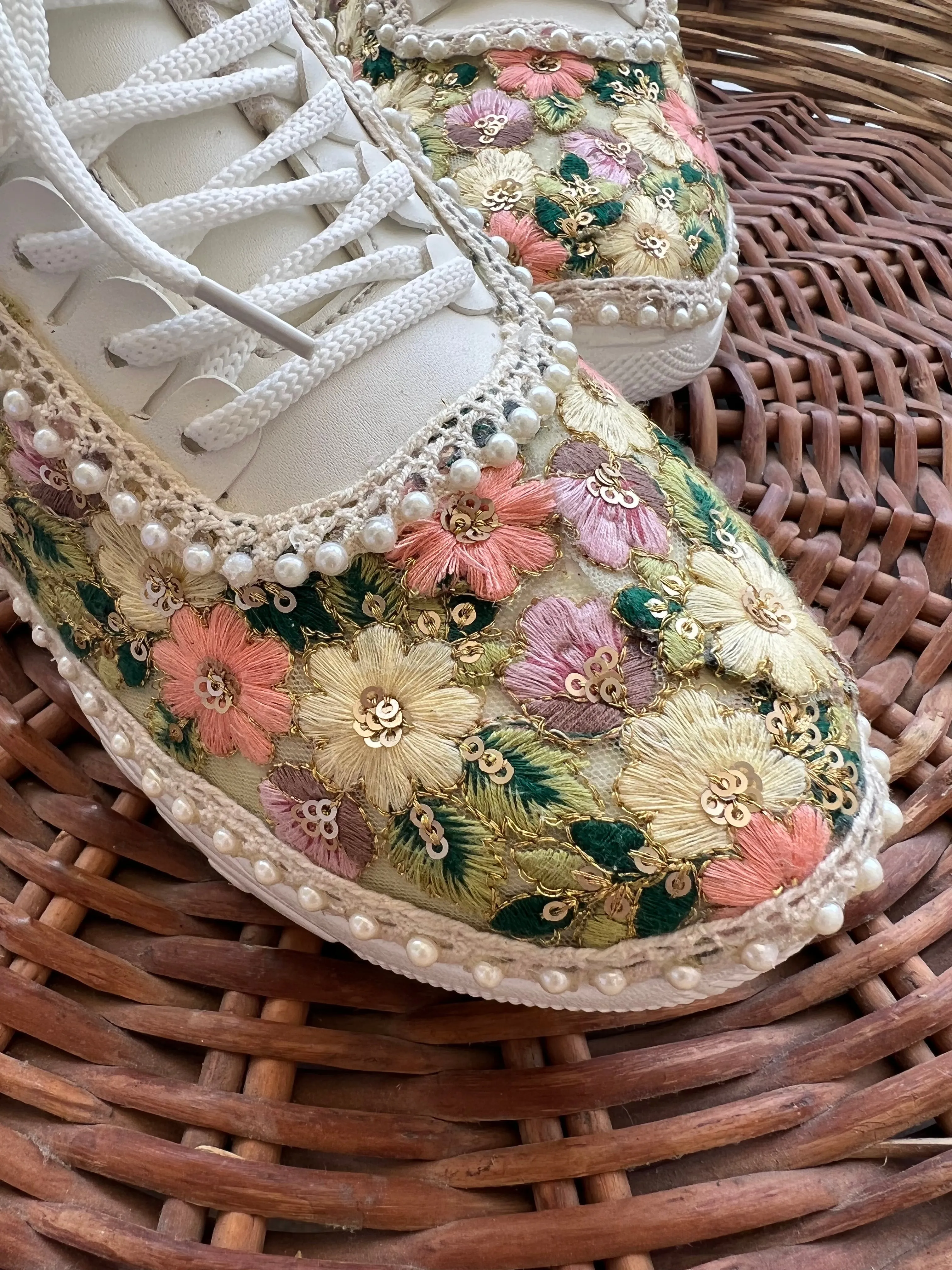 FUNKY N TRENDY fully hand crafted floral work sneakers /bridal sneakers / bridesmaid sneakers/ floral sneakers /colorful sneakers /bridal shoes / haldi mahendi shoes/ green sneakers