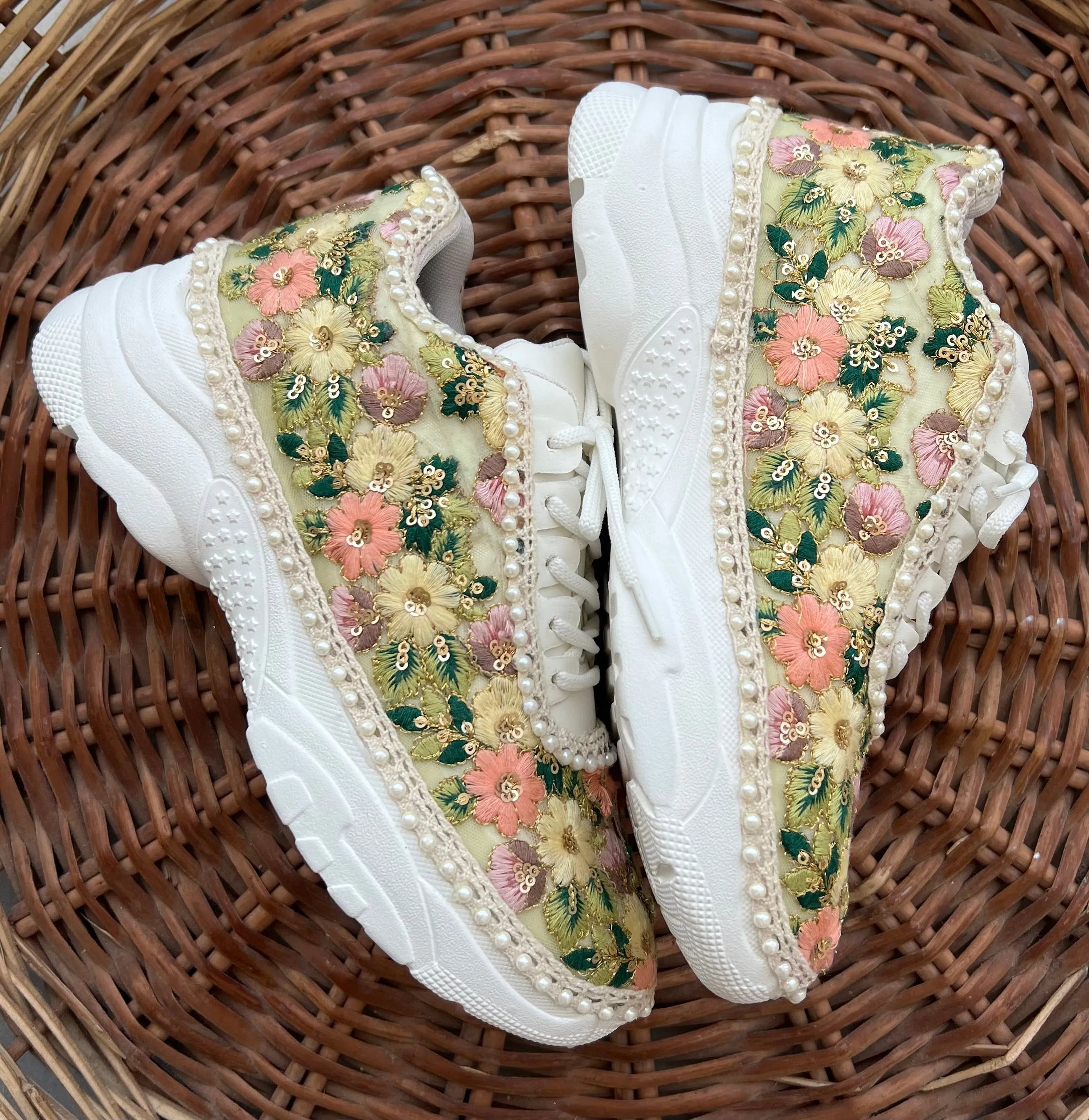 FUNKY N TRENDY fully hand crafted floral work sneakers /bridal sneakers / bridesmaid sneakers/ floral sneakers /colorful sneakers /bridal shoes / haldi mahendi shoes/ green sneakers