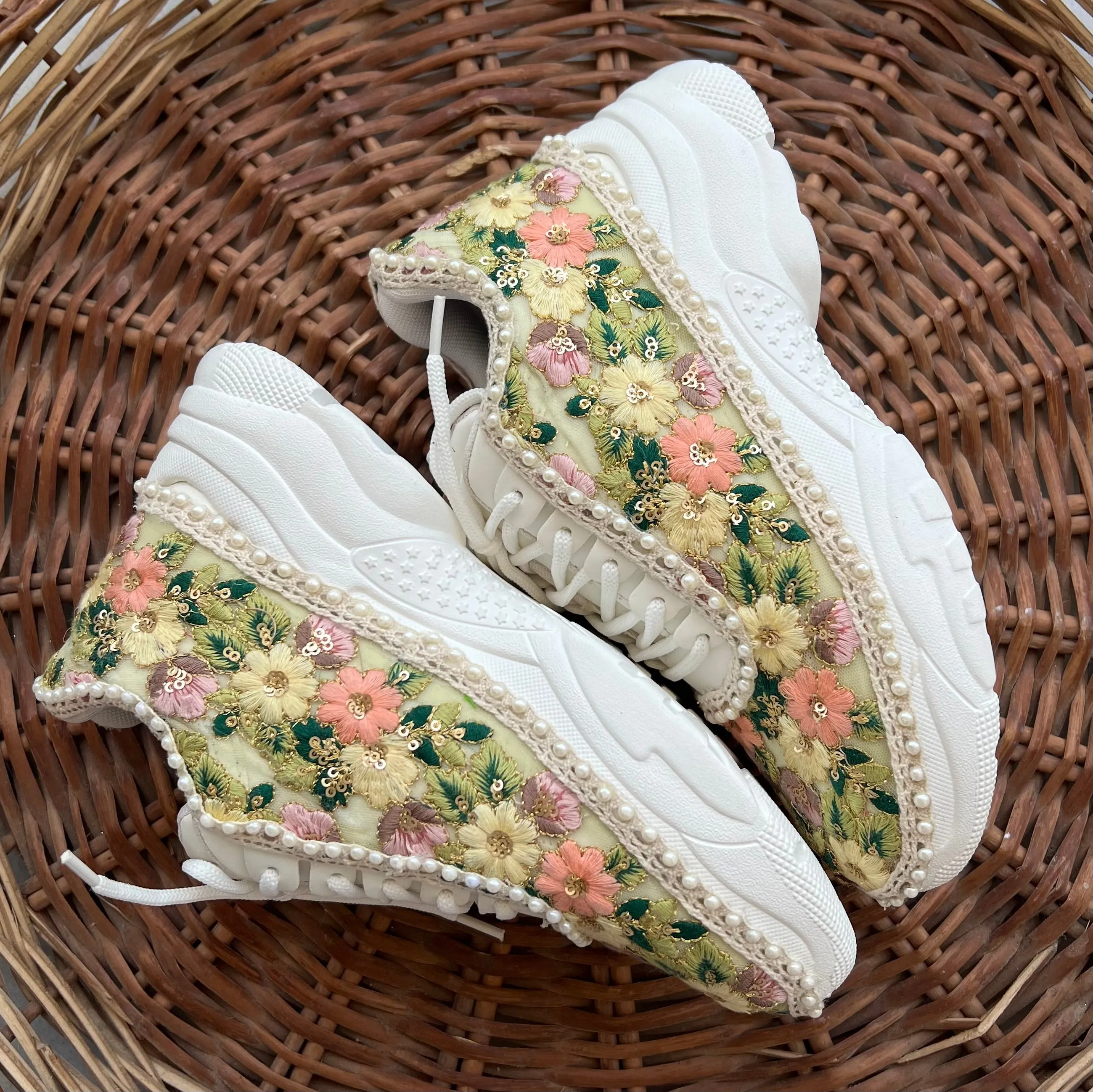 FUNKY N TRENDY fully hand crafted floral work sneakers /bridal sneakers / bridesmaid sneakers/ floral sneakers /colorful sneakers /bridal shoes / haldi mahendi shoes/ green sneakers