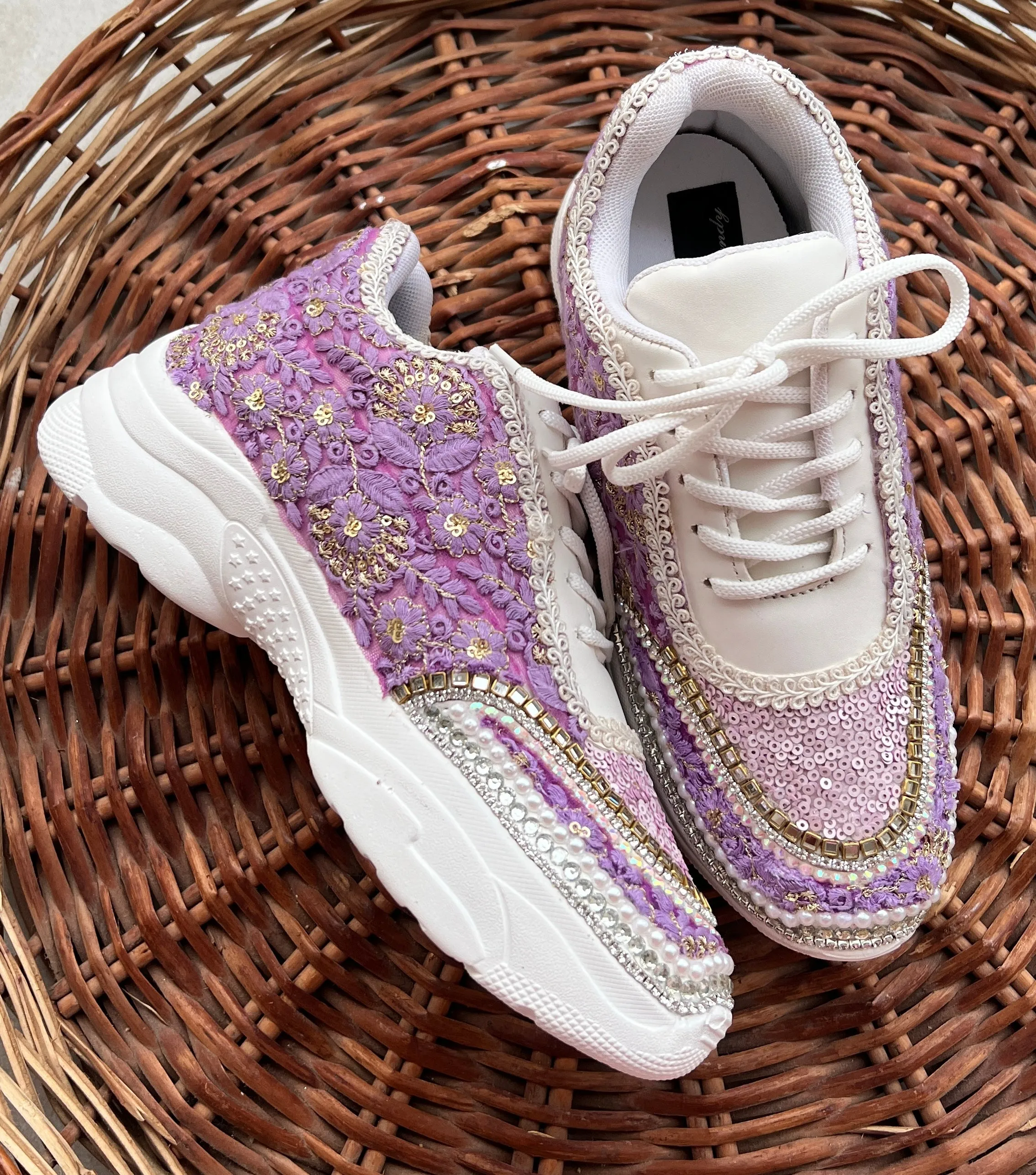 Funky N Trendy purple / lilac/ lavender embroidery work bridal sneakers/ bridesmaid sneaker / hancrafted sneakers / gold sneakers / golden sneakers