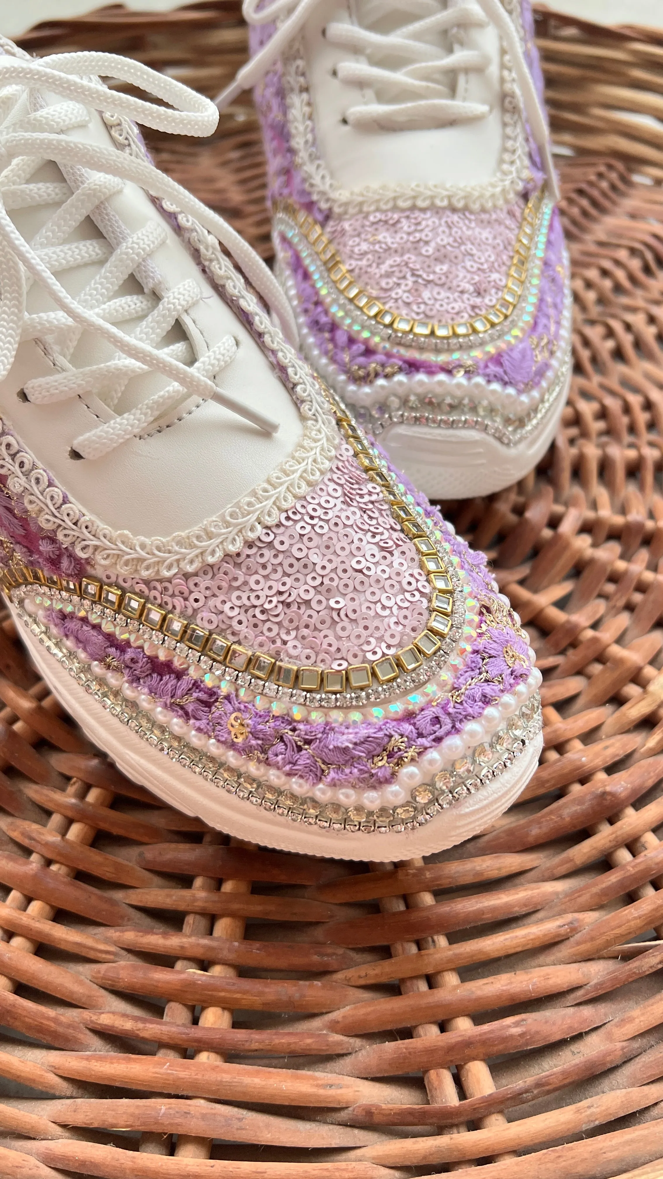 Funky N Trendy purple / lilac/ lavender embroidery work bridal sneakers/ bridesmaid sneaker / hancrafted sneakers / gold sneakers / golden sneakers