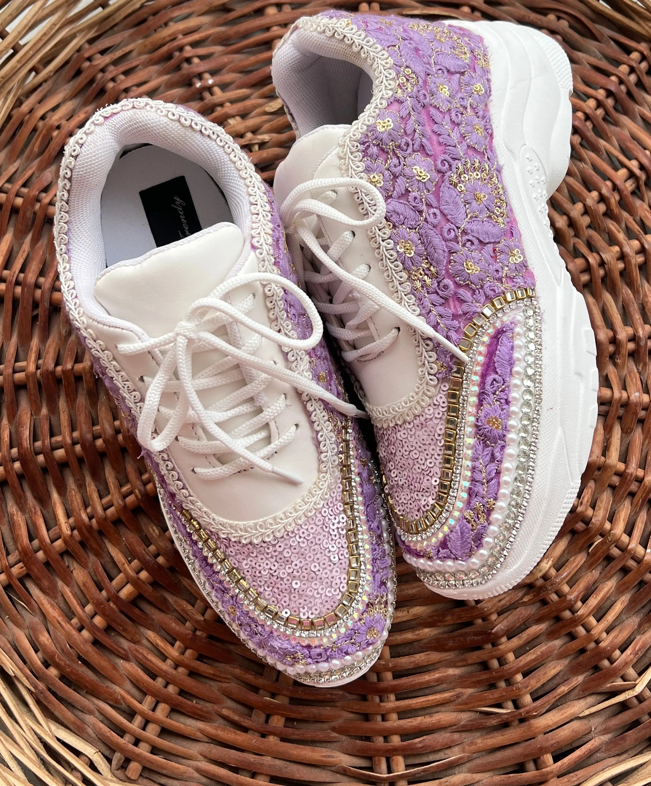 Funky N Trendy purple / lilac/ lavender embroidery work bridal sneakers/ bridesmaid sneaker / hancrafted sneakers / gold sneakers / golden sneakers