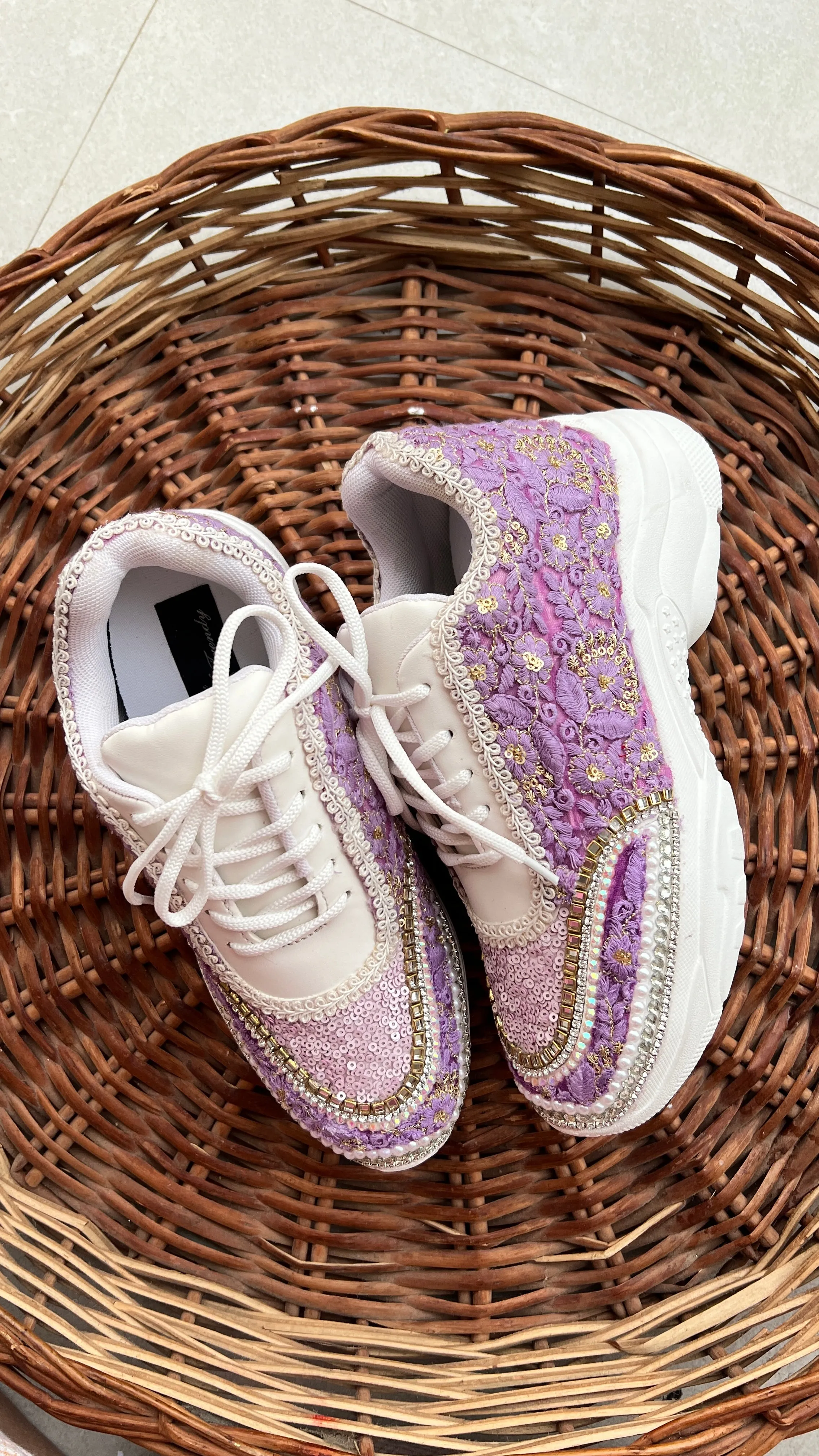 Funky N Trendy purple / lilac/ lavender embroidery work bridal sneakers/ bridesmaid sneaker / hancrafted sneakers / gold sneakers / golden sneakers