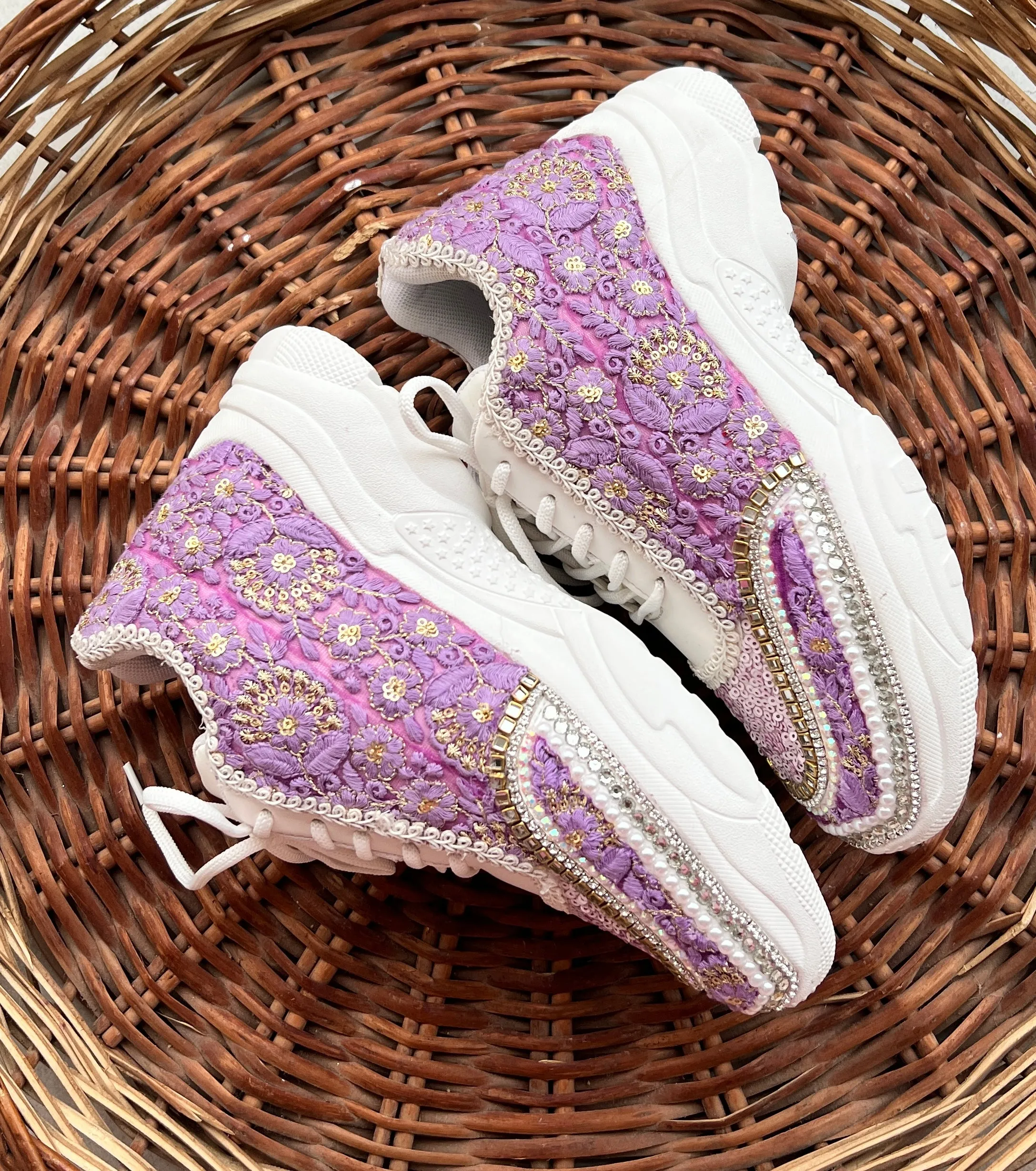 Funky N Trendy purple / lilac/ lavender embroidery work bridal sneakers/ bridesmaid sneaker / hancrafted sneakers / gold sneakers / golden sneakers