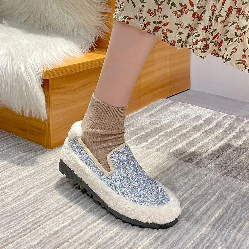 Furry Outer Wearing Flats Loafers Bling Decor Backless  Wild Fluffy Flat Mules Warm flats sneakers glitter winter