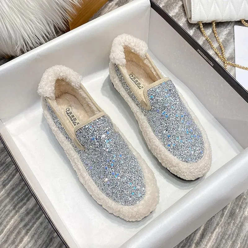 Furry Outer Wearing Flats Loafers Bling Decor Backless  Wild Fluffy Flat Mules Warm flats sneakers glitter winter