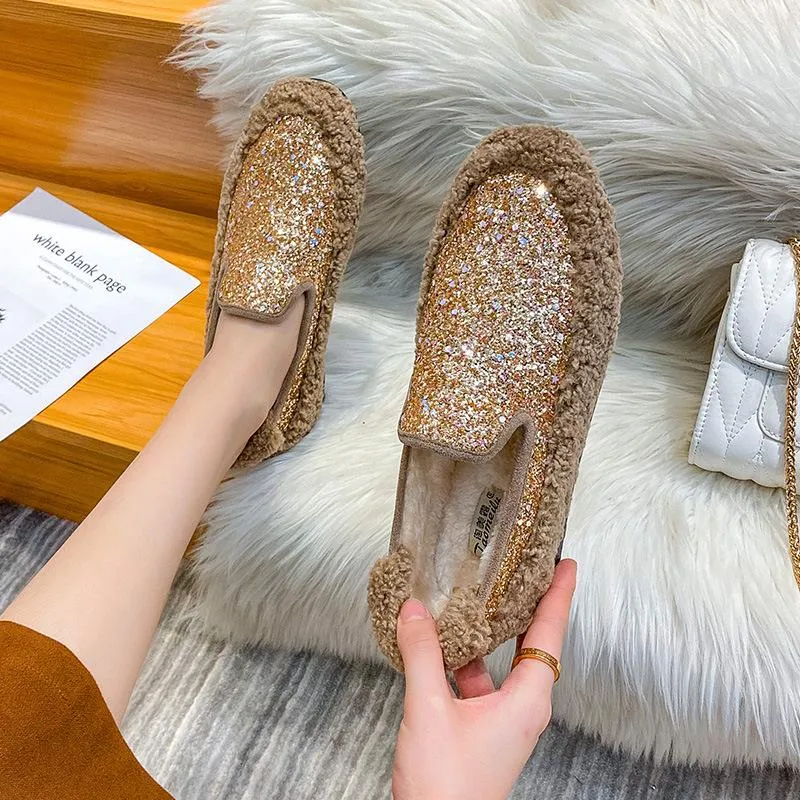 Furry Outer Wearing Flats Loafers Bling Decor Backless  Wild Fluffy Flat Mules Warm flats sneakers glitter winter