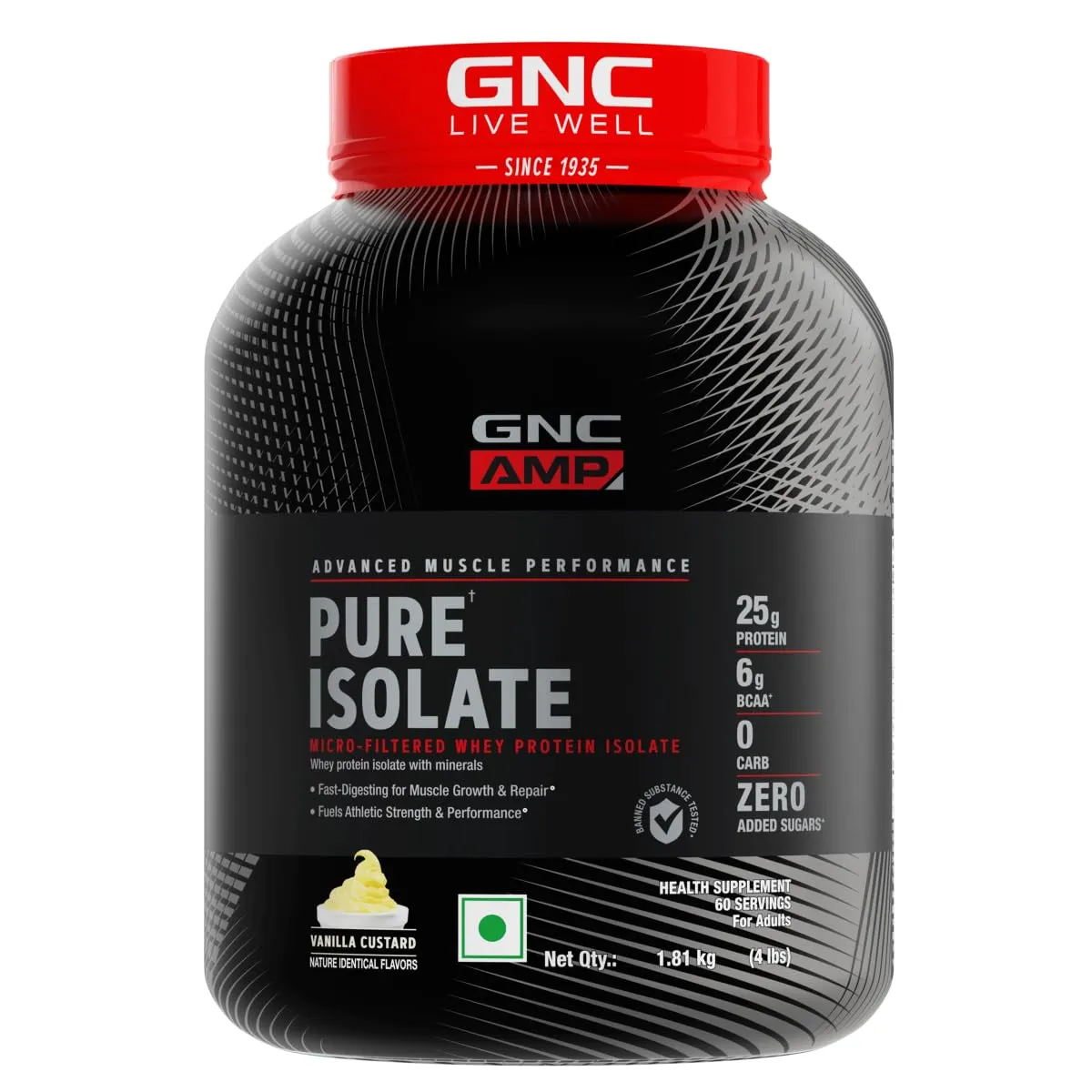 GNC AMP Pure Isolate | 4 lbs | Boosts Performance | Increases Strength & Muscles | DigeZyme® For Easy Digestion | Informed Choice Certified | 25g Protein | 5g BCAA | Vanilla Custard