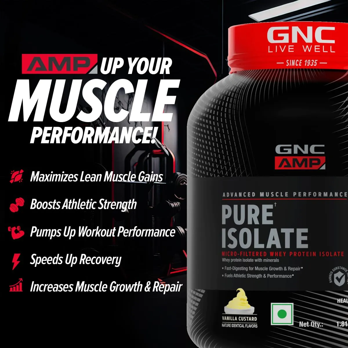 GNC AMP Pure Isolate | 4 lbs | Boosts Performance | Increases Strength & Muscles | DigeZyme® For Easy Digestion | Informed Choice Certified | 25g Protein | 5g BCAA | Vanilla Custard