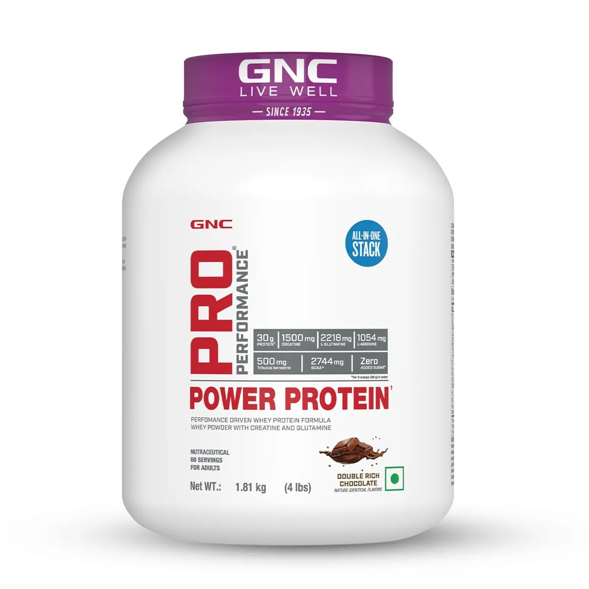 GNC Pro Performance Power Protein | 4 lbs/1.81 Kg | 6 In One Stack | 1500 Mg Creatine| No Added Sugar| 2744 MG BCAA | Informed Choice Certified | 30g Protein | 2.2g L-Glutamine | Energy Features Enzymes For Better Digestion | Double Rich Chocolate| Formul