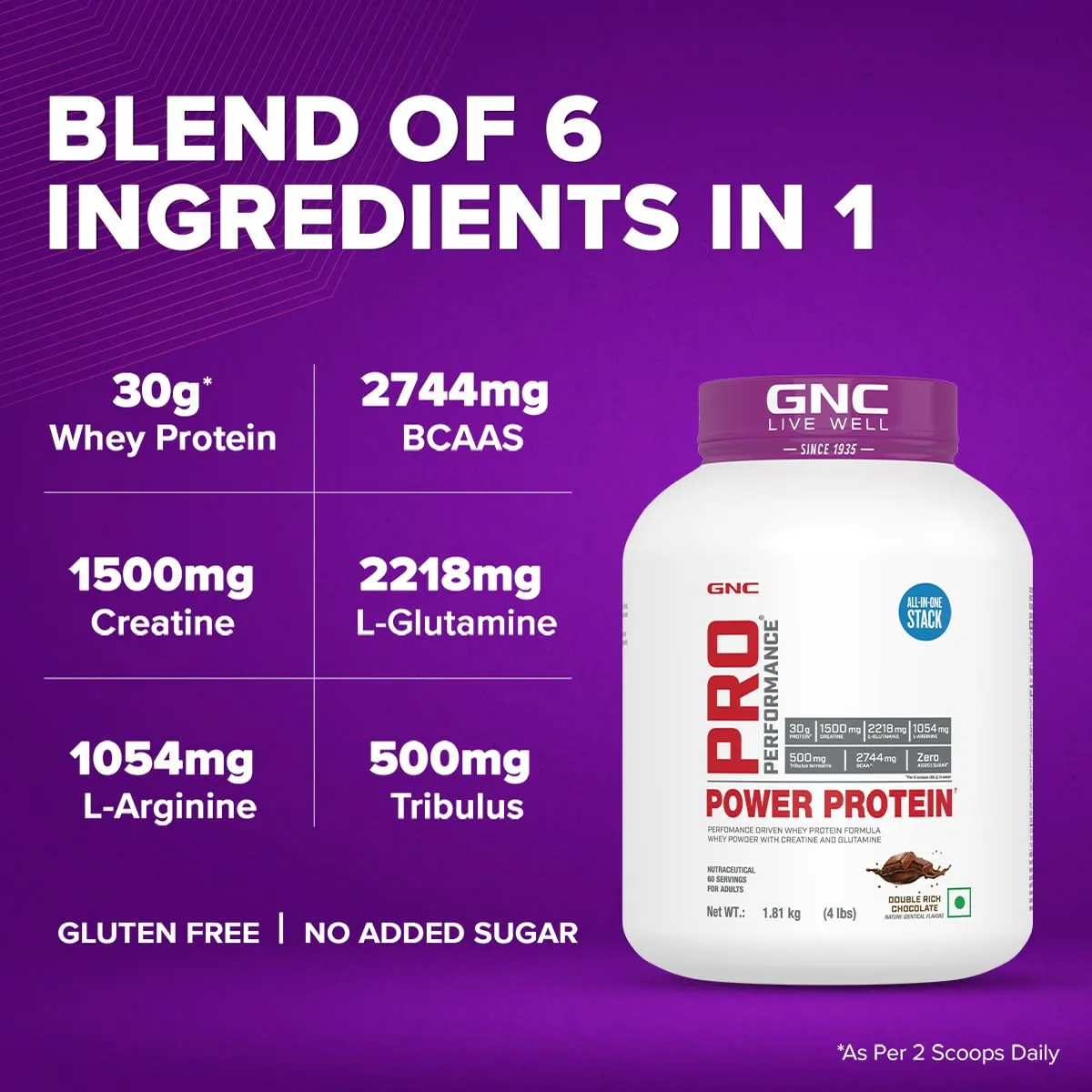 GNC Pro Performance Power Protein | 4 lbs/1.81 Kg | 6 In One Stack | 1500 Mg Creatine| No Added Sugar| 2744 MG BCAA | Informed Choice Certified | 30g Protein | 2.2g L-Glutamine | Energy Features Enzymes For Better Digestion | Double Rich Chocolate| Formul