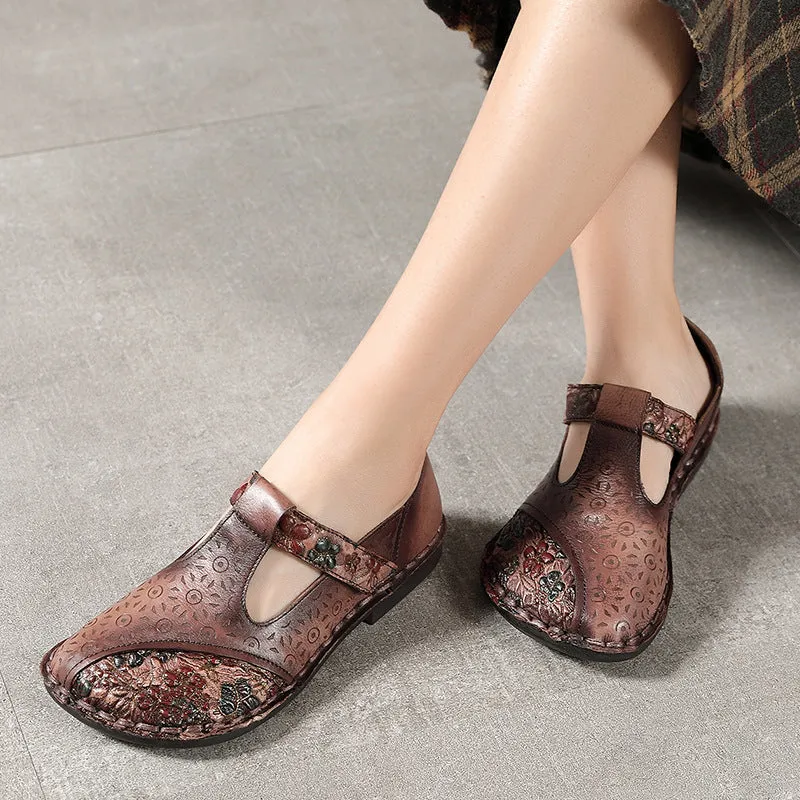 Handmade Leather Printed Women Retro Flat Shoes