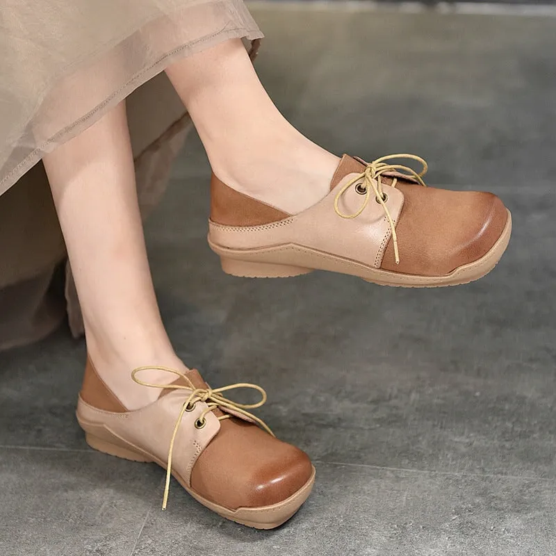 Handmade Soft Leather Lace Up Flat Oxford Shoes Color Blocking in Coffee/Khaki