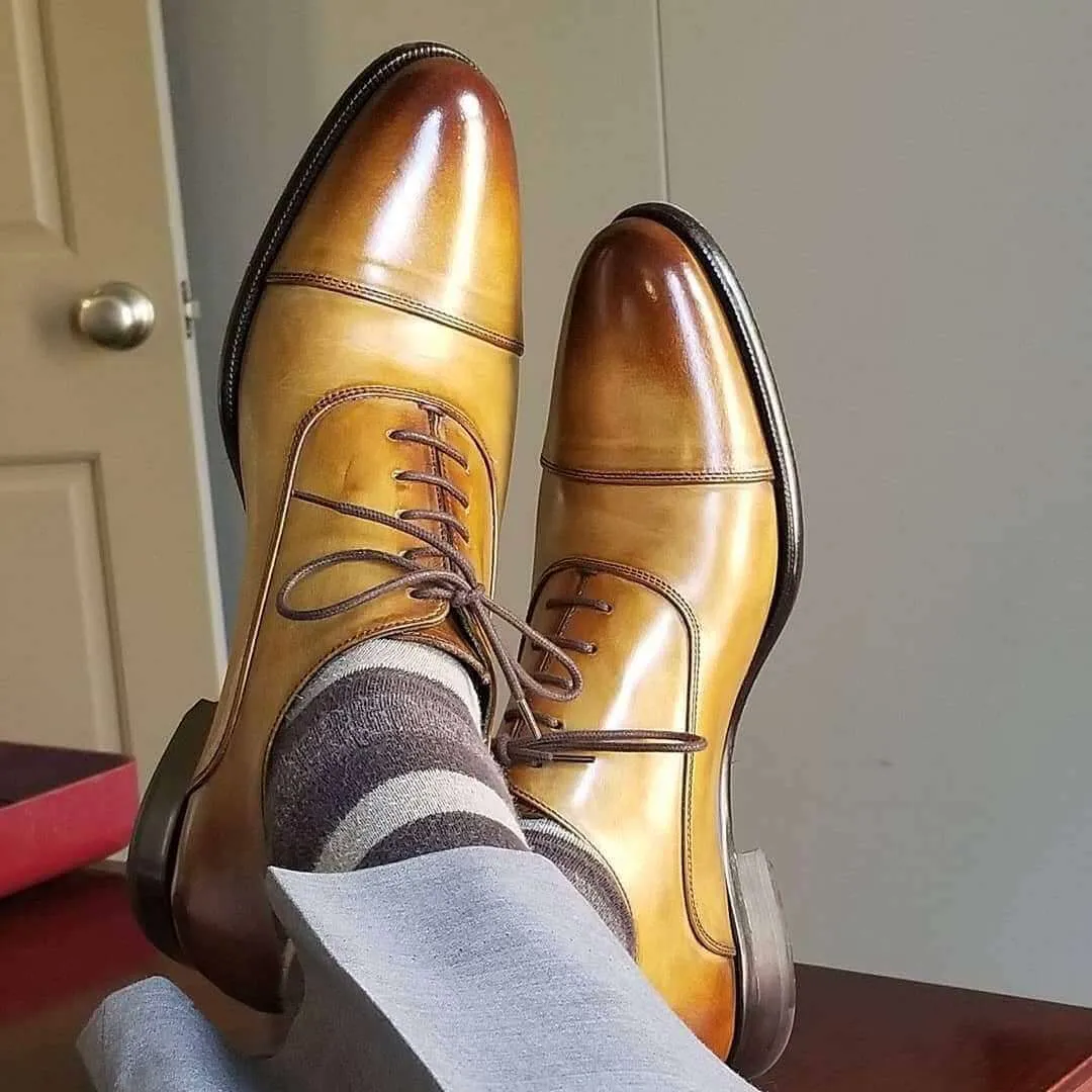 Handmade Two Tone Tan Leather Cap Toe Lace Up Shoe