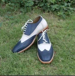 Handmade Two Tone Wing Tip Lace Up Leather Dress Shoes For Men's