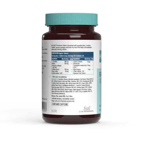 HealthKart HK Vitals Fat Burner, with L-Carnitine, Garcinia Cambogia, & Caffeine, Supports Weight Management & Fuels Metabolism, Pack of 60 Tablets