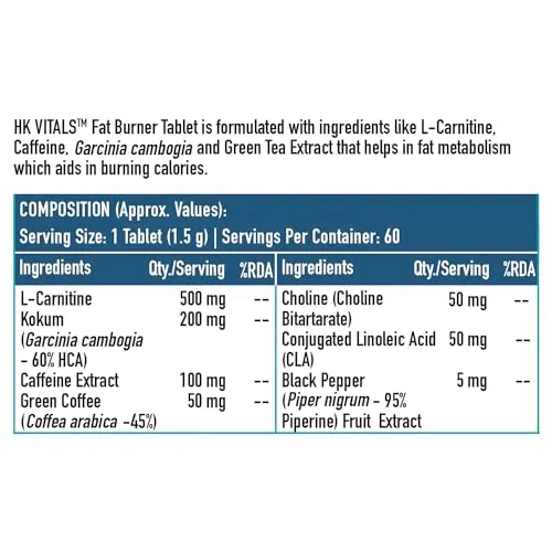 HealthKart HK Vitals Fat Burner, with L-Carnitine, Garcinia Cambogia, & Caffeine, Supports Weight Management & Fuels Metabolism, Pack of 60 Tablets