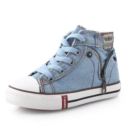 High Help Canvas Shoes Casual Kids Denim Side Zipper Boys Girls Sneakers