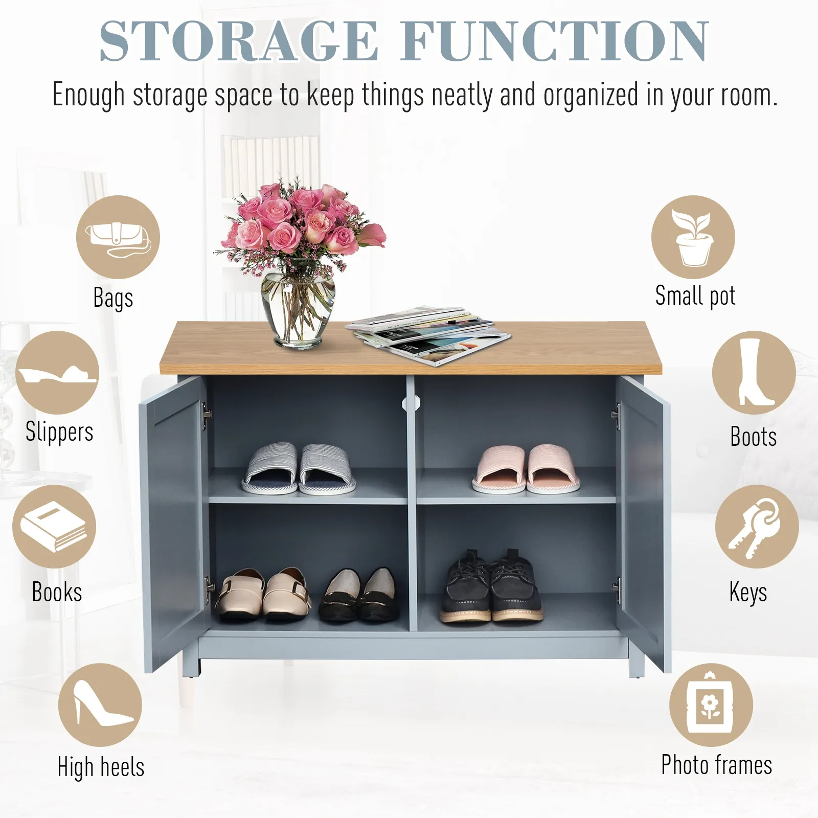 HOMCOM Grey Shoe Cabinet with 2 Doors, Hallway Cupboard, Storage Organiser with Shelf and Entryway Shoe Bench for Bathroom Furniture