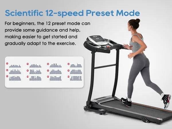 Home folding treadmill with pulse sensor, 2.5-horsepower silent brushless motor, 3-level tilt, 12 preset programs