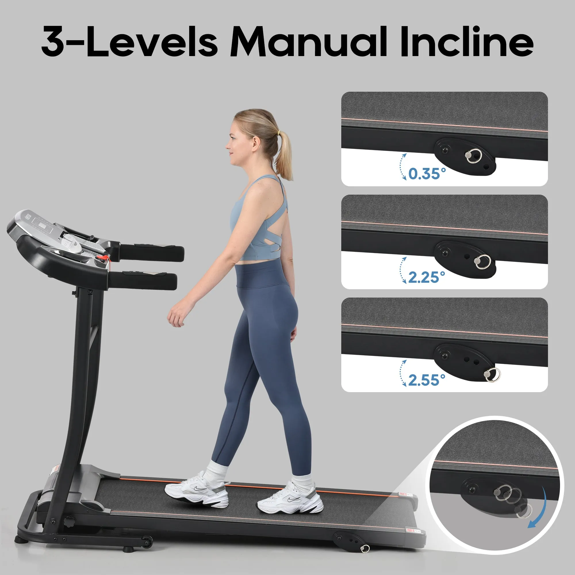 Home folding treadmill with pulse sensor, 2.5-horsepower silent brushless motor, 3-level tilt, 12 preset programs