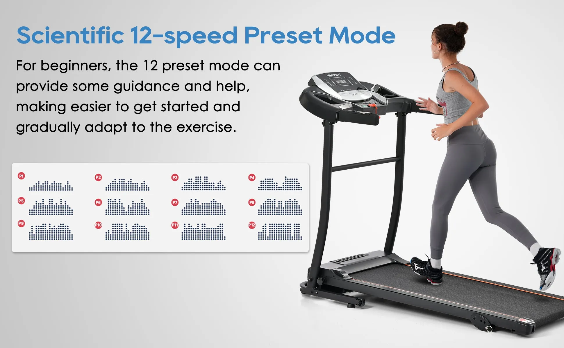 Home folding treadmill with pulse sensor, 2.5-horsepower silent brushless motor, 3-level tilt, 12 preset programs