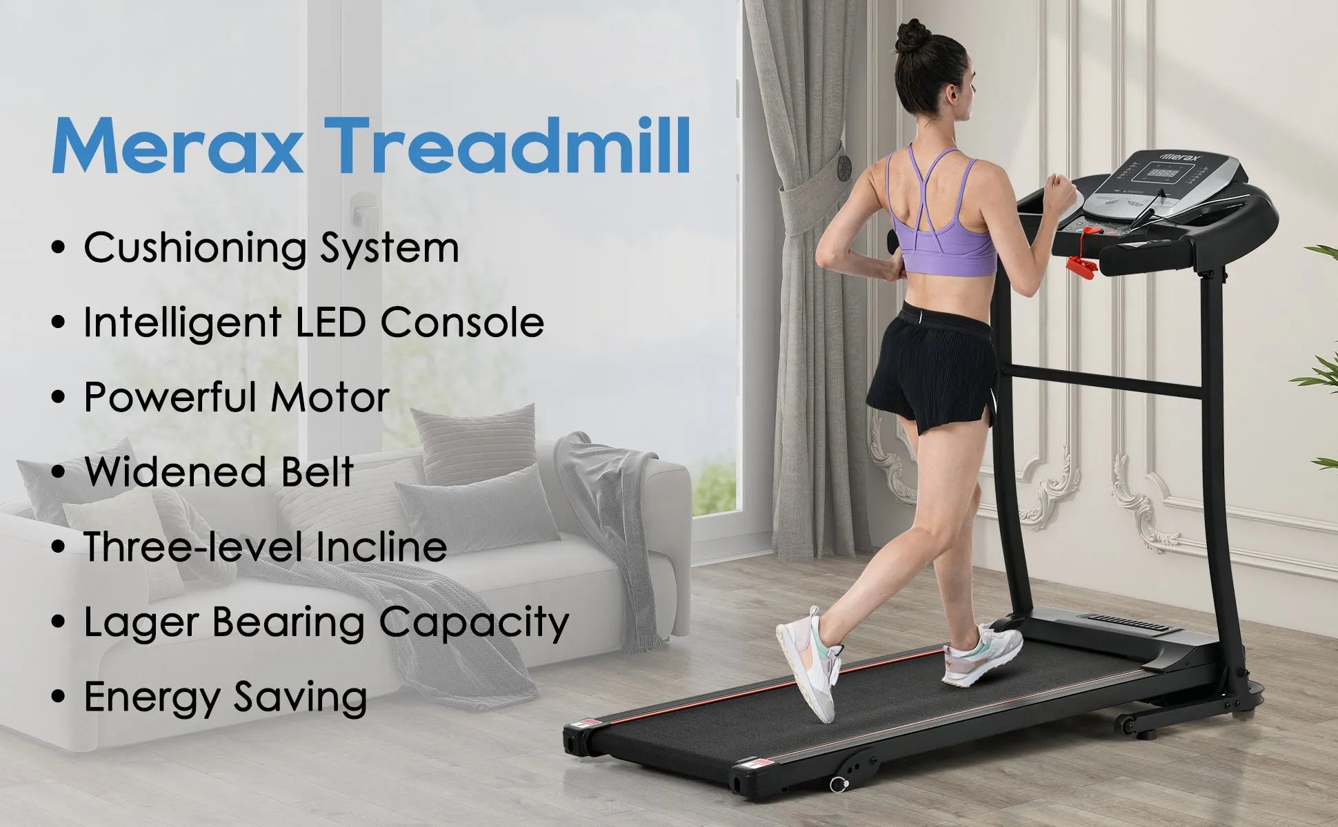 Home folding treadmill with pulse sensor, 2.5-horsepower silent brushless motor, 3-level tilt, 12 preset programs