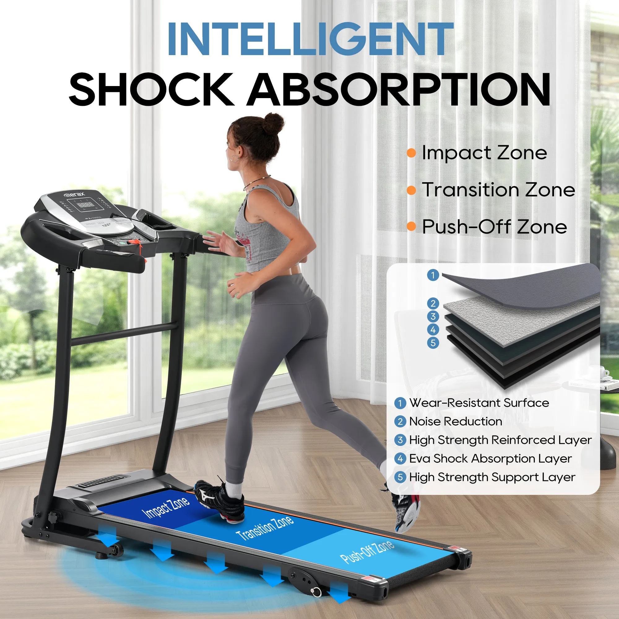 Home folding treadmill with pulse sensor, 2.5-horsepower silent brushless motor, 3-level tilt, 12 preset programs