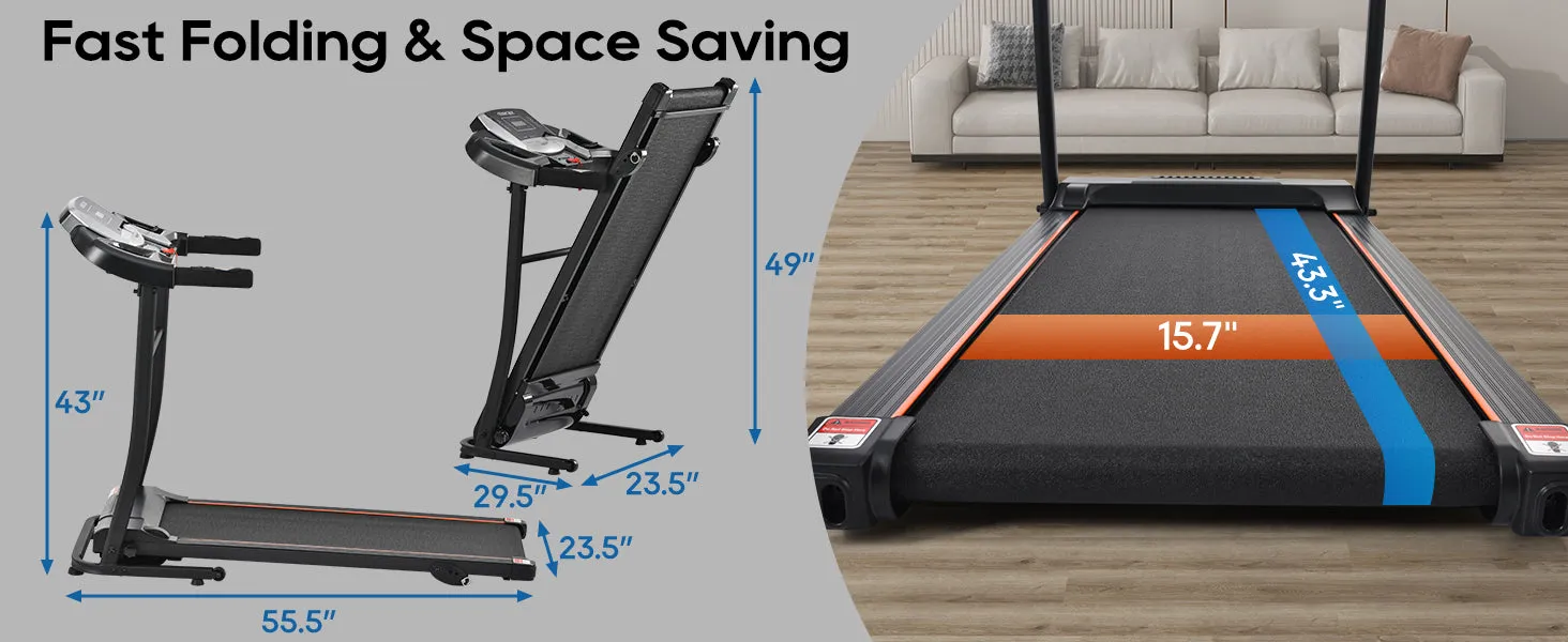 Home folding treadmill with pulse sensor, 2.5-horsepower silent brushless motor, 3-level tilt, 12 preset programs