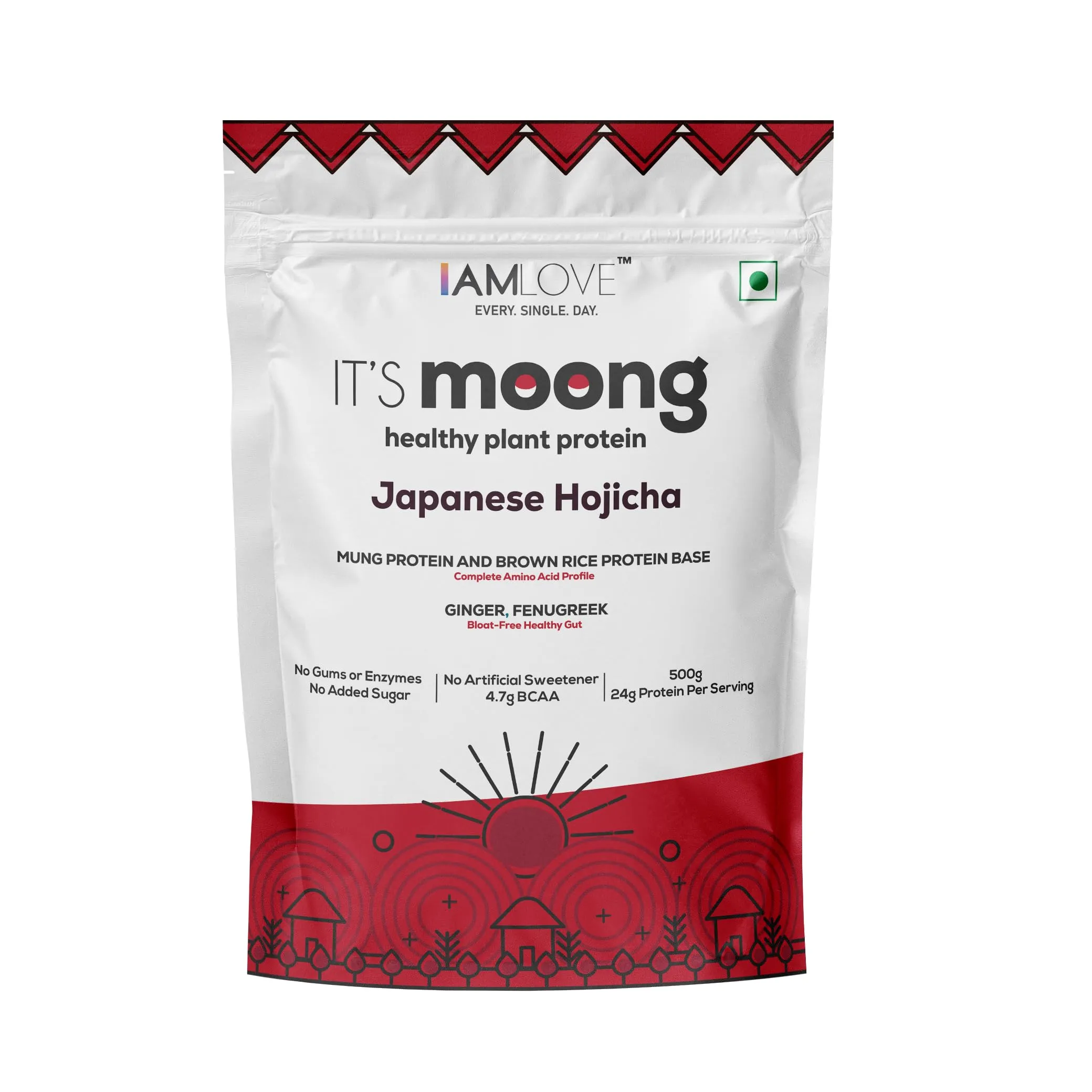 I Am Love Plant Protein Powder It’s Moong For Women And Men, Healthy Vegan With Moong And Brown Rice Isolate, 24 gm Protein/Serving, Easy To Digest, Gluten Free, Japanese Hojicha Flavour(500g)