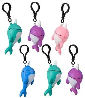 Kicko Narwhal Backpack Clip - 6 Pack - Assorted Colored Squishy Narwhal Keychain - Stress